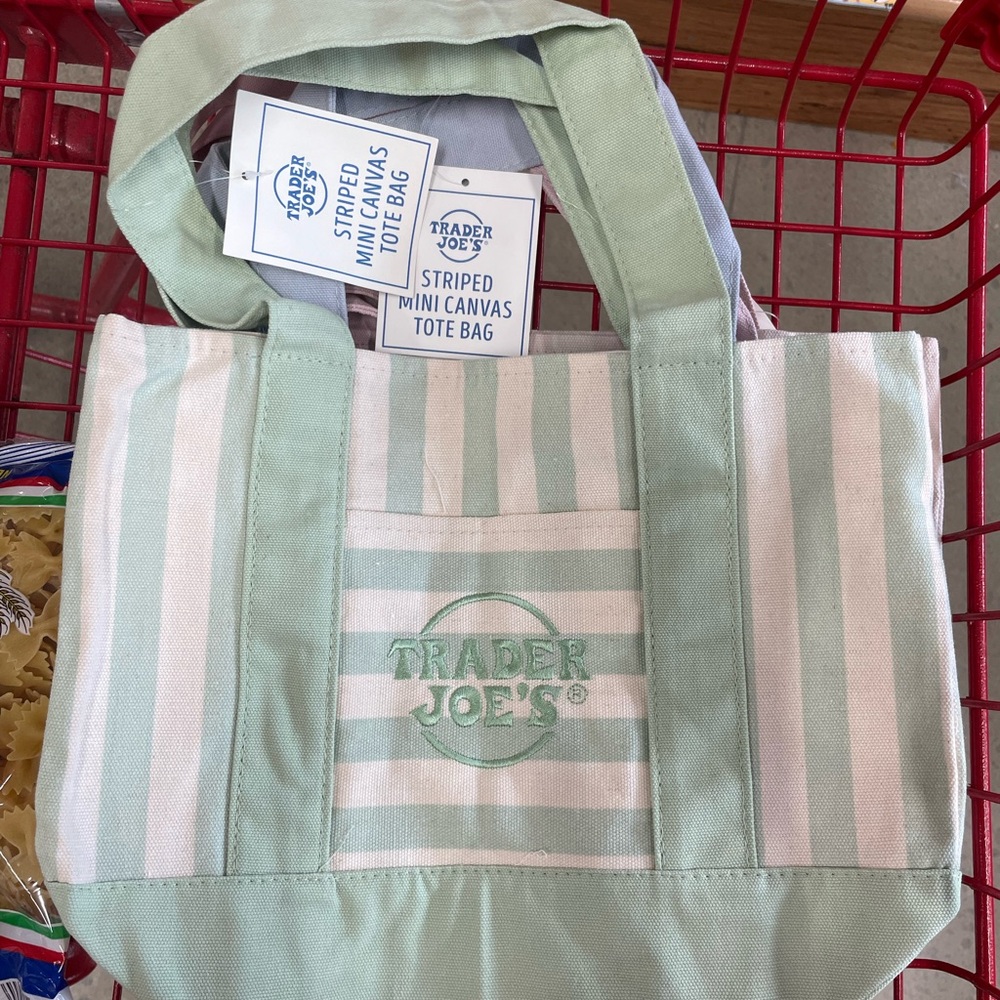 NWT Trader Joe's Mint & White Striped Canvas Tote Bag
